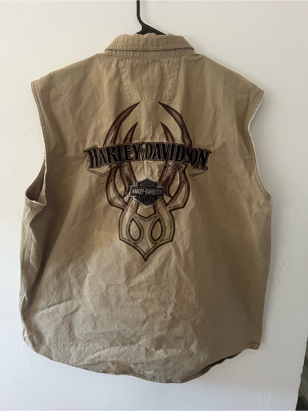 Harley-Davidson Men’s Sleeveless Khaki Work Shirt Vest Y2K